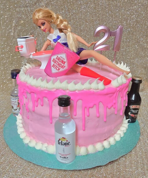 Pink drip 21st birthday cake with a doll cake topper